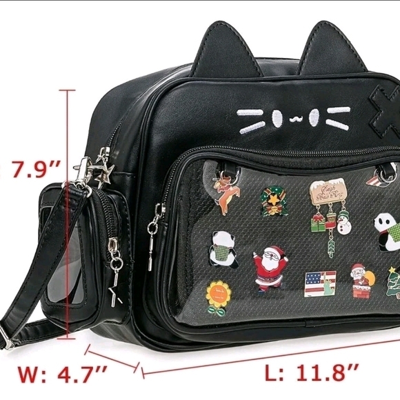 Kawaii Ita Cat Crossbody Shoulder Bag with Multi-Purpose Pin Display - Picture 2 of 6